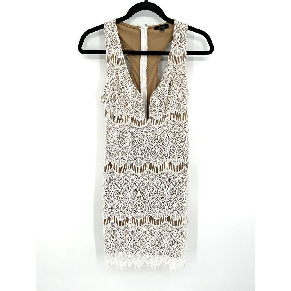 AAKAA White Tan Lace Deep V-Front Sleeveless Bodycon Mini Dress Size Small